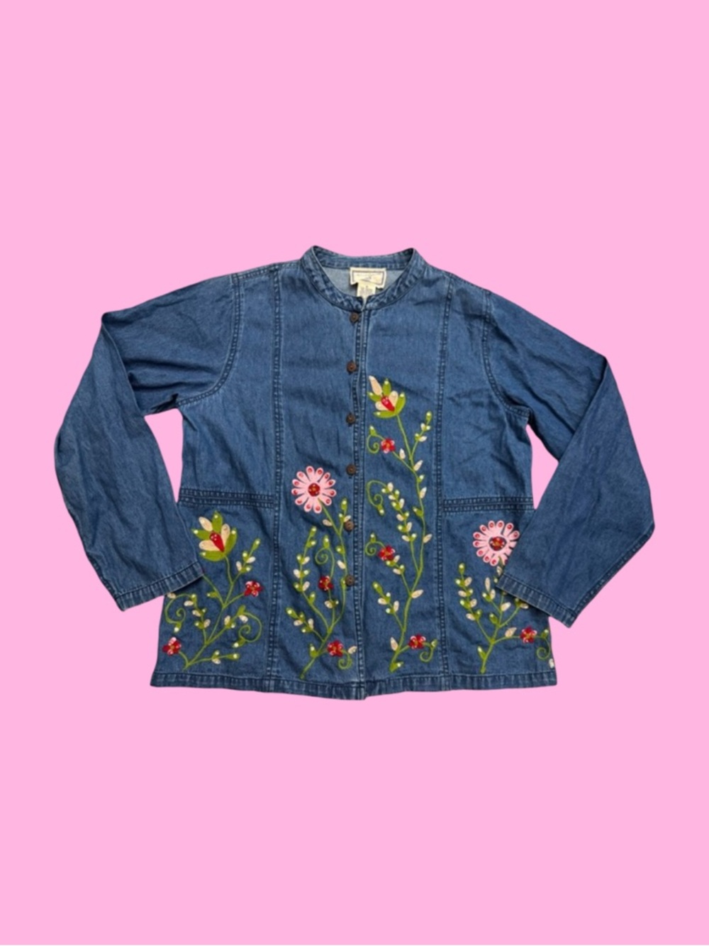 Vintage April Cornell Sequined Beaded Embroidery Button Down Shirt Floral